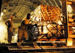 U.S. Air Force Staff Sgt. Brenton Phillips and Staff Sgt. Norm Metz unloading medical supplies from a C-17 Globemaster III in Padang, Indonesia