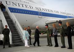 U.S. Defense Secretary Robert M. Gates and wife Becky greeted by Air Force Lt. Gen. Dana T. Atkins at Elmendorf Air Force Base Alaska 2009