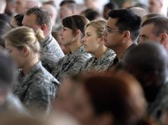 Servicemembers at Elmendorf Air Force Base listening to U.S. Defense Secretary Robert M. Gates on June 1, 2009