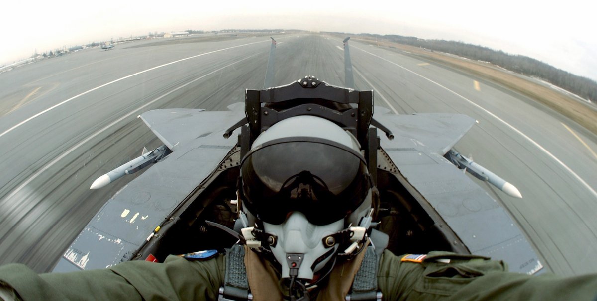 Weapon Systems Officer position inside a US Air Force F-15D Eagle aircraft taking off at Elmendorf Air Force Base