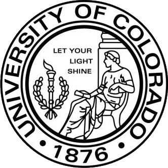 Seal of the University of Colorado with a male Greek classical figure holding a scroll and a burning torch framed by laurel branches