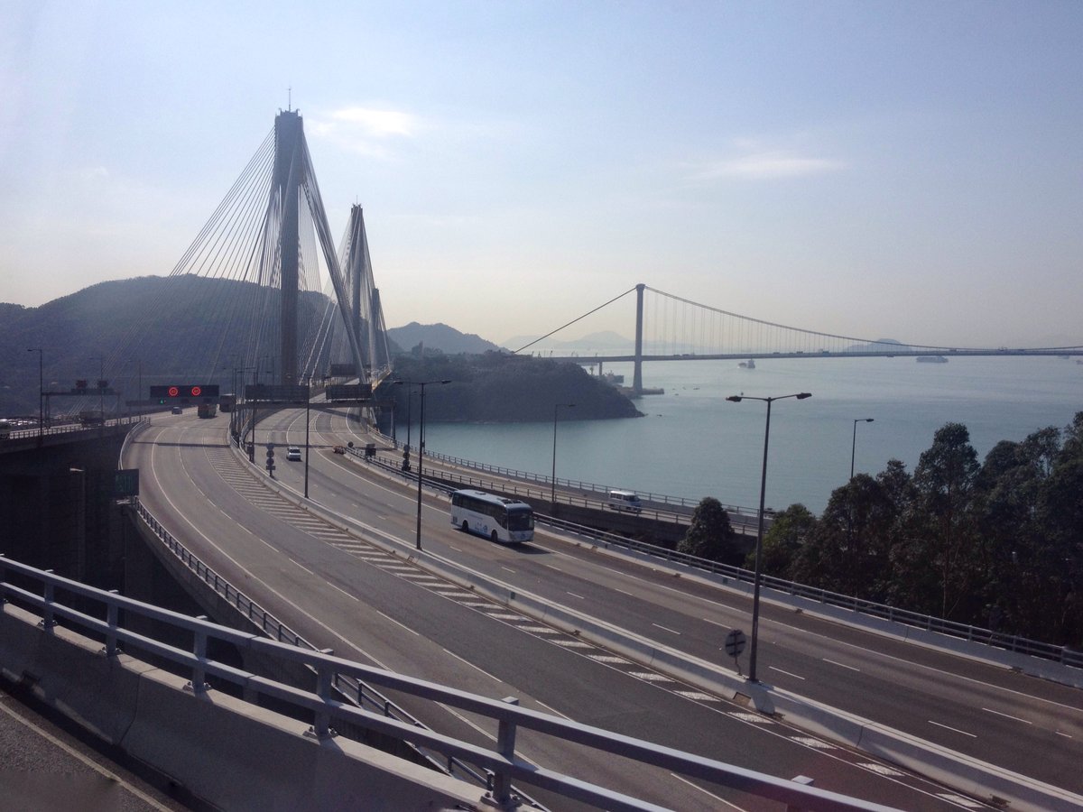 New Ting Kau Bridge in Hong Kong over water with blue sky