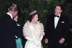 President Ronald Reagan and Mrs. Nancy Reagan attending a state dinner with Queen Elizabeth II and Prince Philip in 1983