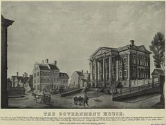 Historic Government House in New York, originally built in 1797, depicted in a vintage engraving from 1899