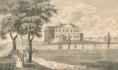 Engraving of Government House in New York City showing historic architecture