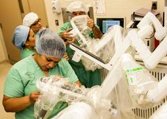 Medical personnel preparing sterilized covers on daVinci Xi robotic surgical system arms at William Beaumont Army Medical Center