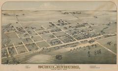 Bird's Eye View of Schulenburg, Texas in 1881, vintage map lithograph