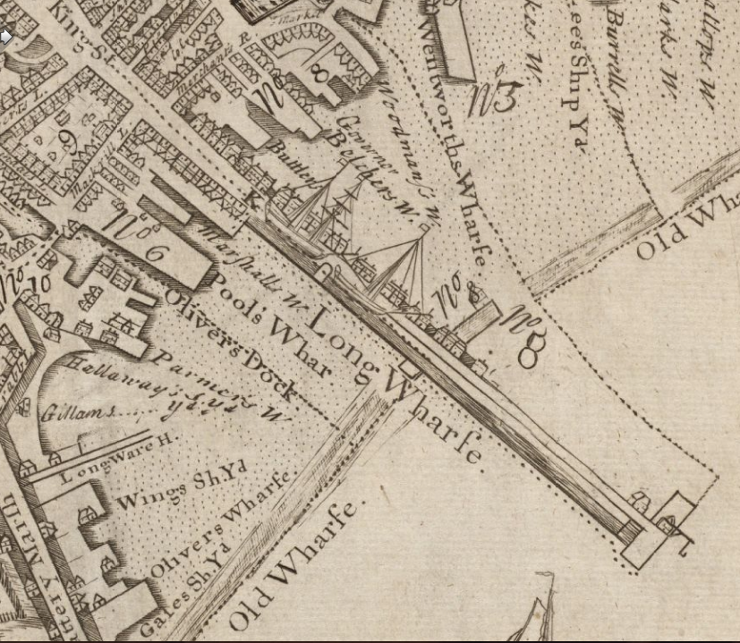 1743 map of Boston showing Long Wharf and surrounding area