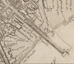1743 map of Boston showing Long Wharf and surrounding area