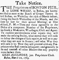 Historical newspaper clipping featuring a bunch of grapes illustration from Boston, March 13, 1789