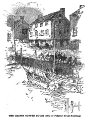 Historic Crown Coffee-House on Long Wharf and State Street in Boston MA circa 1740s to 1790s