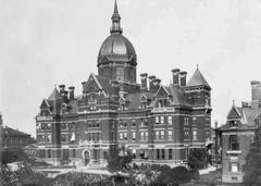 Historical black and white photo of Johns Hopkins Hospital building in Baltimore during the late 19th century