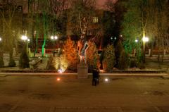 Courtyard of Bauman Moscow State Technical University main building with statue of Nikolay Bauman