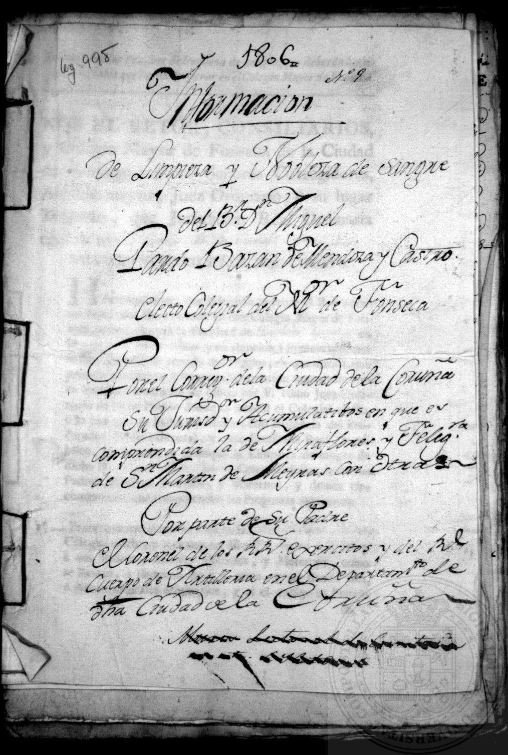 Document showing blood purity tests of Miguel Pardo Bazán de Mendoza y Castro