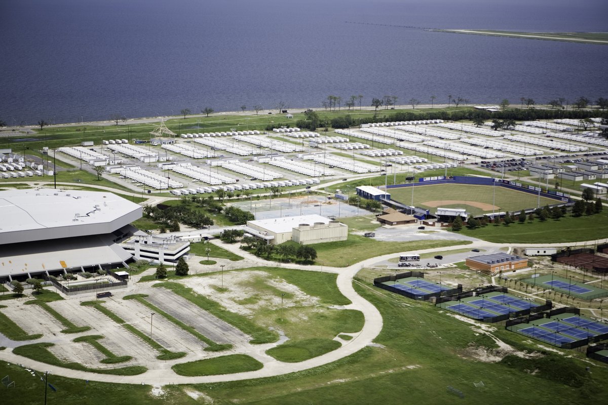 University of New Orleans campus one year after Hurricane Katrina showing hundreds of FEMA trailers housing displaced residents