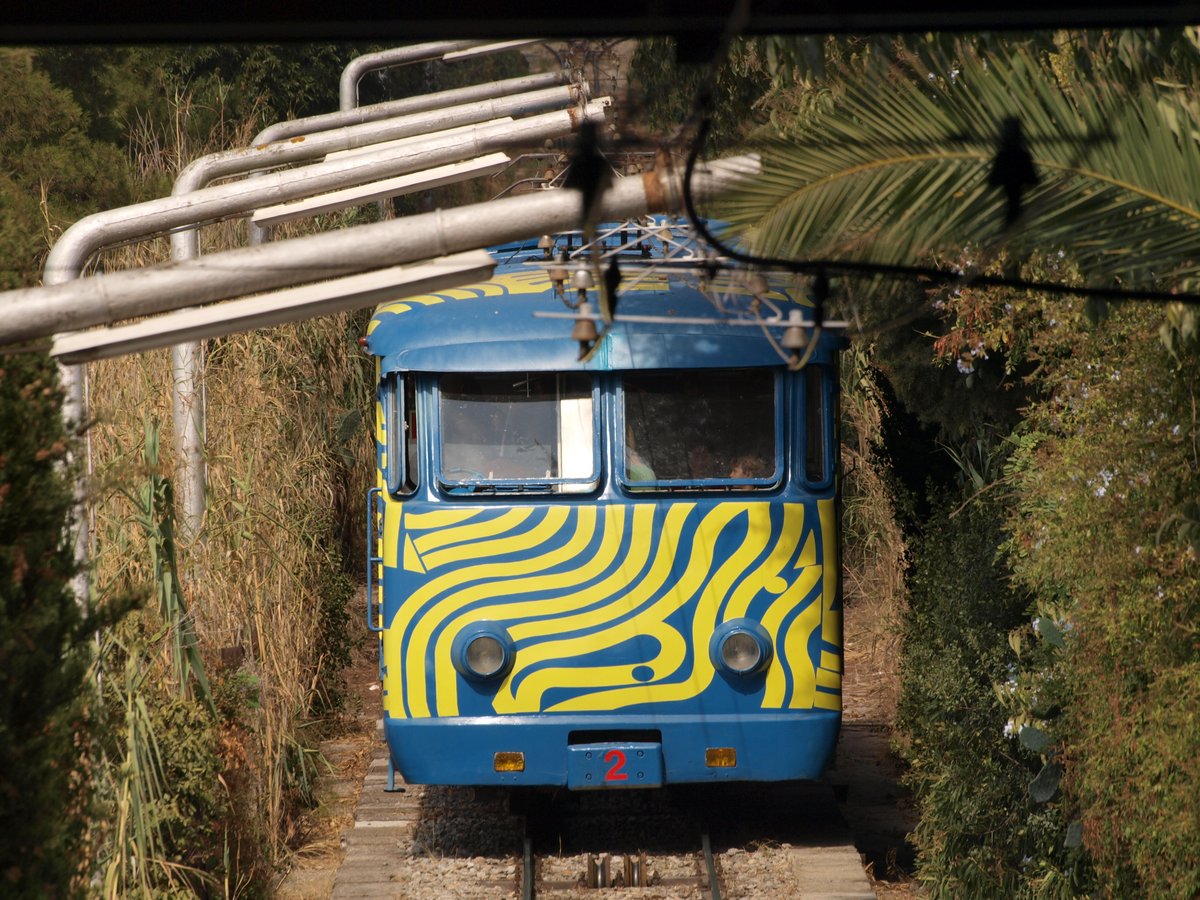 Funicular railway in Barcelona Spain ascending a steep hillside