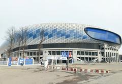 VTB Arena in Moscow illuminated at dusk with modern architectural design