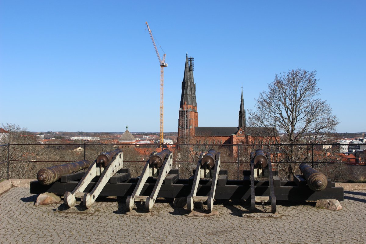Old cannons displayed in front of Uppsala Cathedral Sweden