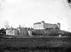 Historical view of Academic Hospital and Uppsala Castle from the south in Uppsala, Sweden, 1860s