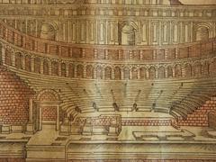Historical map detail of the theater at Verona, Italy, circa 1600 with modern hand coloring