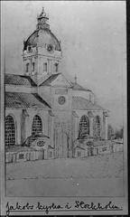 Jakobs kyrka eastern part facing south, photo of colorized drawing by C. Cederström circa 1805