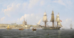 An English frigate arriving in the Tagus River near Belem Tower in 19th century painting