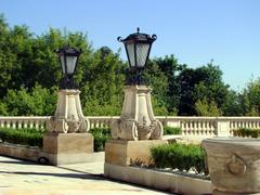 Ostrogski Palace terrace garden with decorative lanterns during daytime