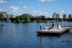 View of Charles River Esplanade with walkway and city skyline in Boston Massachusetts