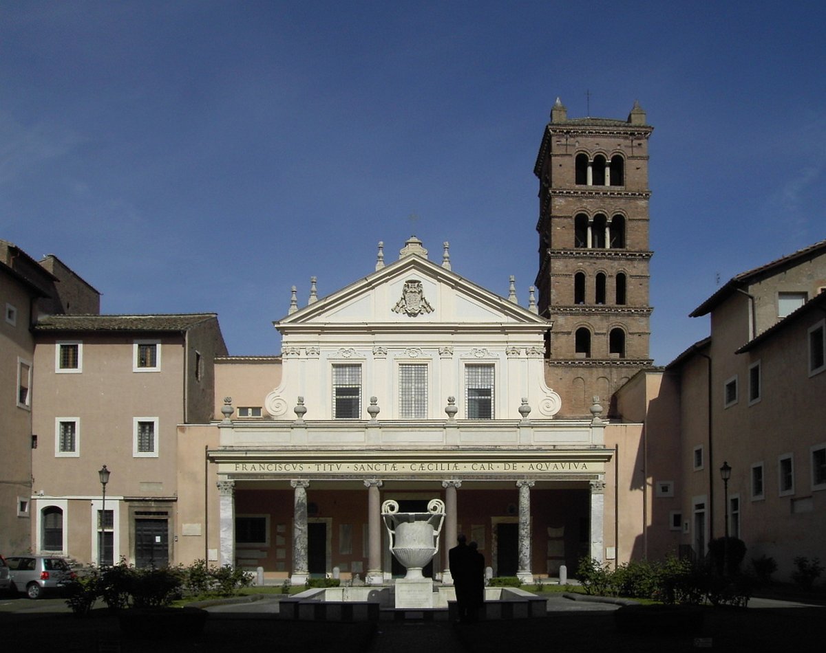 Santa Cecilia Church in Rome with ornate facade and statues
