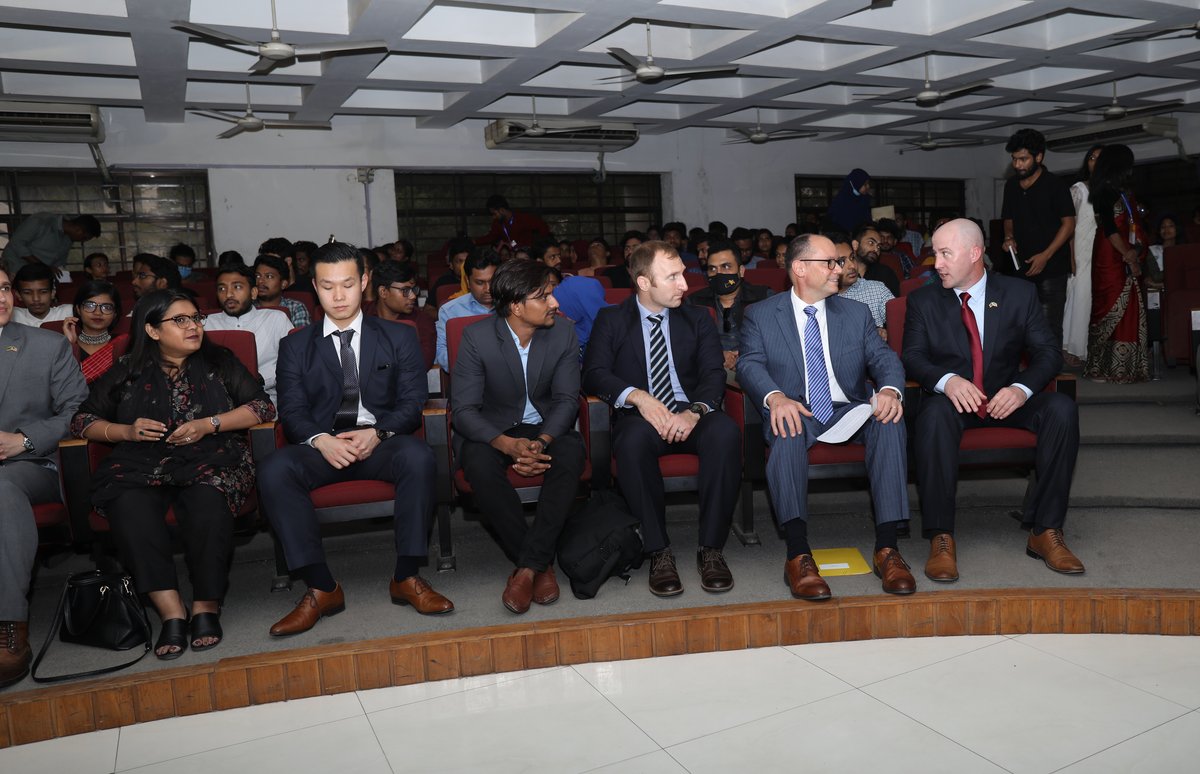 Ambassador Peter Haas delivering opening remarks at Projonmo Wave outreach event at University of Dhaka on June 2, 2022