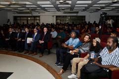 Ambassador Peter Haas delivering opening remarks at Projonmo Wave outreach event at University of Dhaka on June 2, 2022