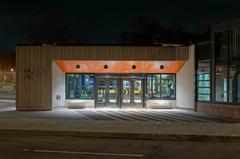 Villa-Maria station entrance illuminated at night viewed from Décarie Boulevard