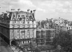 The Ritz Hotel on Piccadilly near Hyde Park in London during World War II, showing historic buildings including Arlington House, headquarters of the Dutch government in exile, black and white photograph from 1940