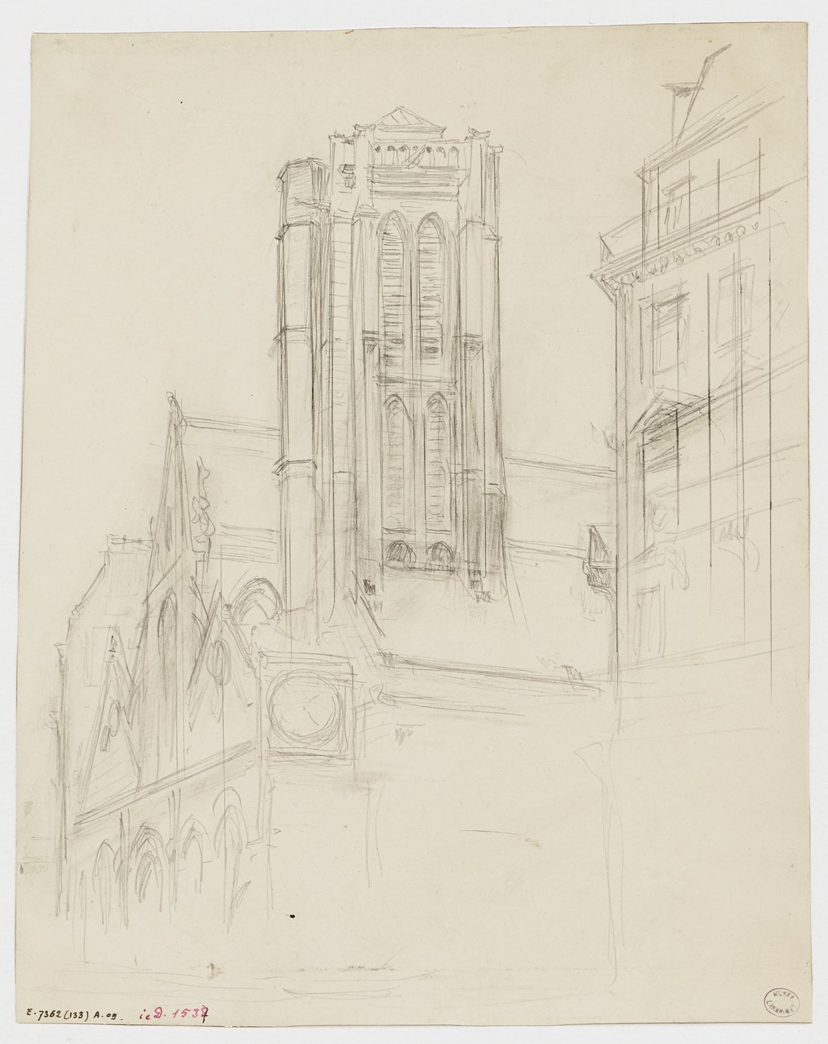 Drawing of urban landscape at the corner of Rue Saint-Martin and Rue Gridaine featuring buildings in Paris