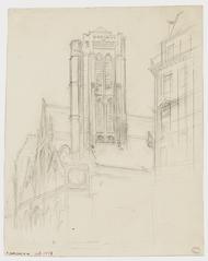 Drawing of urban landscape at the corner of Rue Saint-Martin and Rue Gridaine featuring buildings in Paris