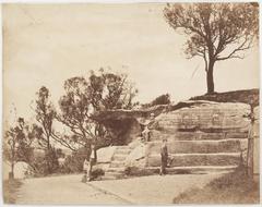 Mrs Macquarie's Chair rock formation with a carved sandstone bench in Sydney around 1870-1875