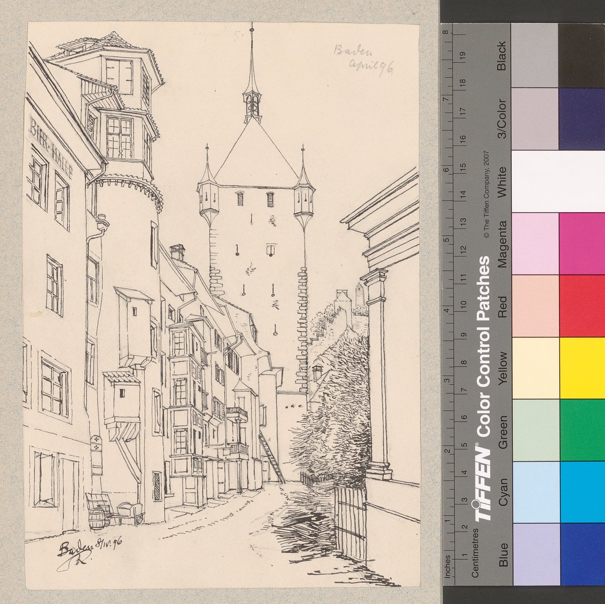 View of Zwingelhofgasse street from the east with the Older Swiss Federal Chancellery on the left and the Stadtturm tower in Baden, Switzerland
