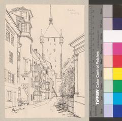 View of Zwingelhofgasse street from the east with the Older Swiss Federal Chancellery on the left and the Stadtturm tower in Baden, Switzerland