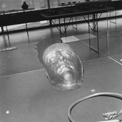 Black and white photograph of an artistic face mask from Soviet Union exhibition at Den Haag municipal museum in 1966