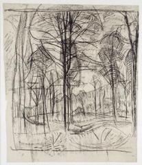 Abstract painting of trees by Piet Mondriaan with geometric shapes and vibrant colors