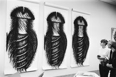 Black and white image of the artwork 'De Phallusschroef' by Judith Bernstein at the feminist art exhibition in Haags Gemeentemuseum, The Hague, 1979