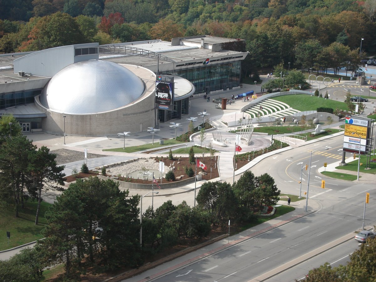 Ontario Science Centre with completed Teluscape featuring water pipe organ fountain and radial pathways