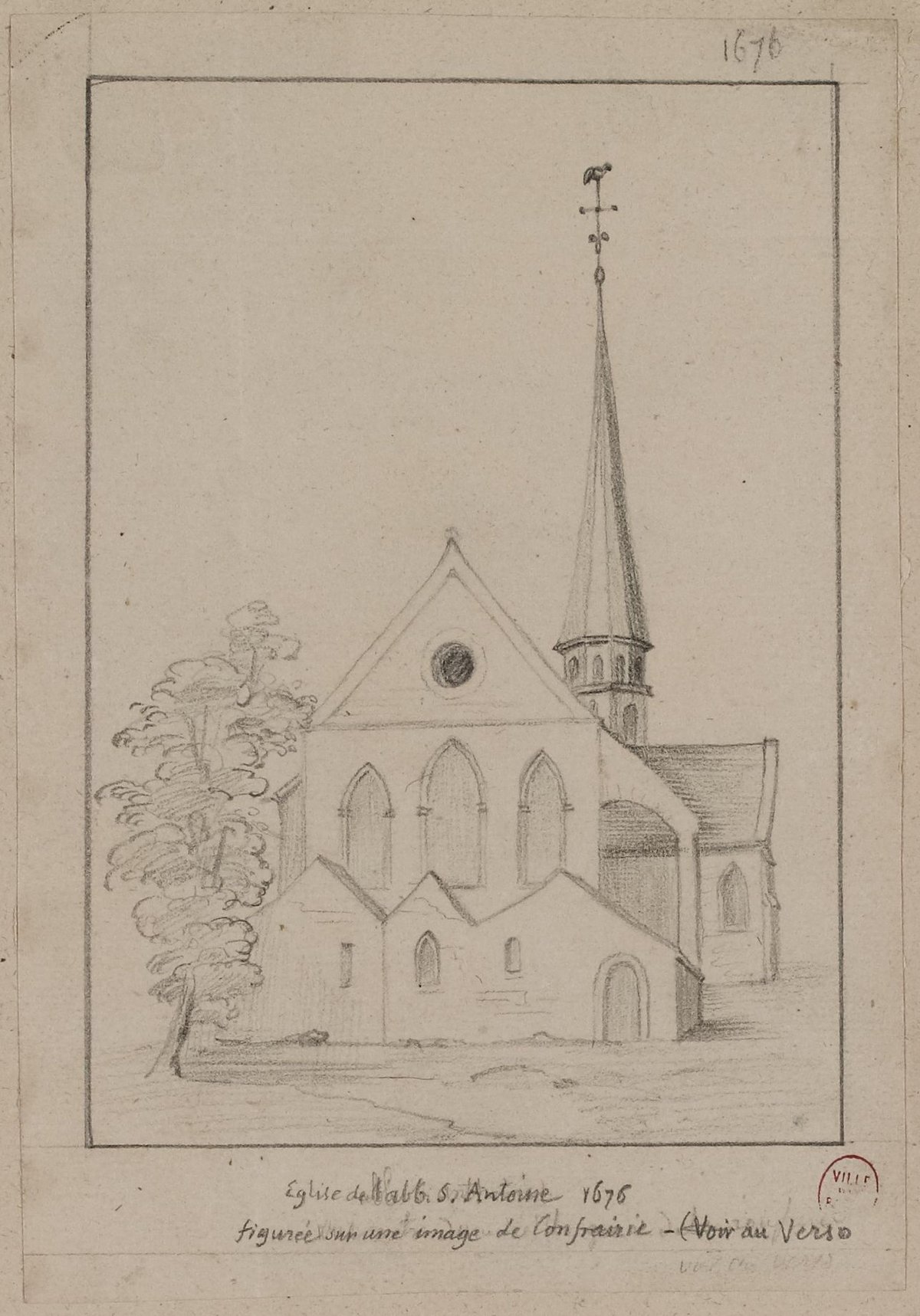 Historical drawing of the Abbey of Saint Antoine and Rue du Faubourg Saint-Antoine circa 1676 by anonymous engraver