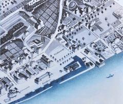 Historical site of Bellevue to Stadelhoferplatz in Zurich around 1846 showing old harbor, grain house, Bauschänzli and old city hall near Bürkliplatz