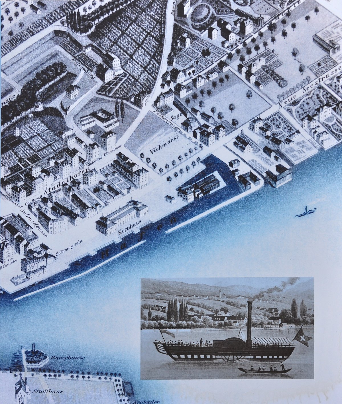 Historical site between Bellevue and Stadelhoferplatz in Zurich around 1846 showing the old harbor, grain house, Bauschänzli, and Stadthaus near Bürkliplatz