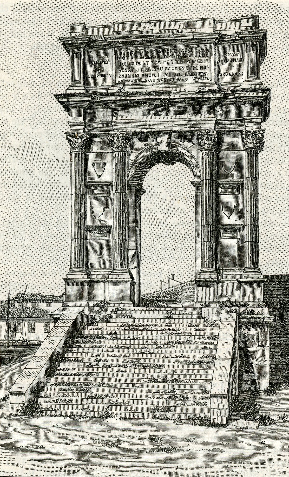 Arco di Traiano in Ancona depicted in a woodcut style