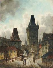 View of old Prague cityscape by Christian Strobel, 1886 oil painting