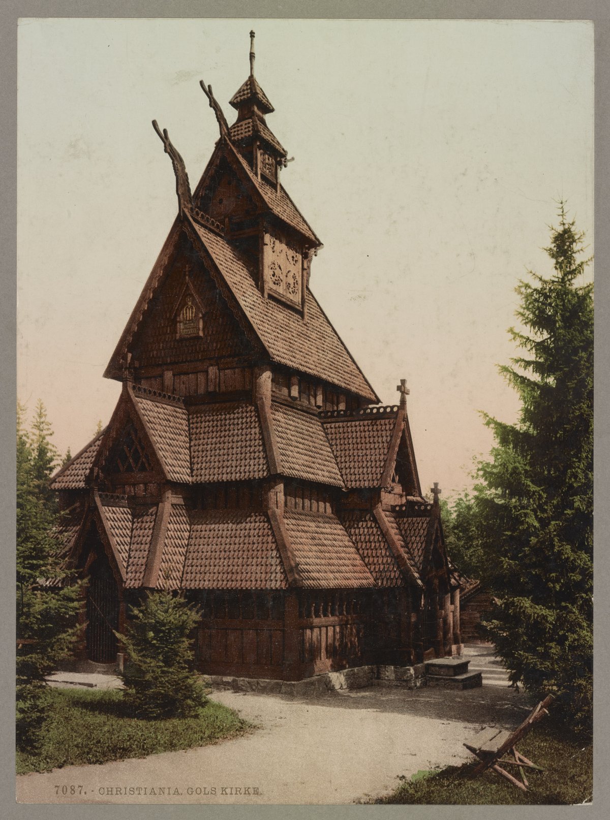 Gols Kirke wooden church in Christiania, historic black and white print