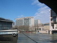Headquarters of Banque régionale d'escompte et de dépôt BRED at Quai de la Rapée Paris with Bercy Bridge over the Seine River