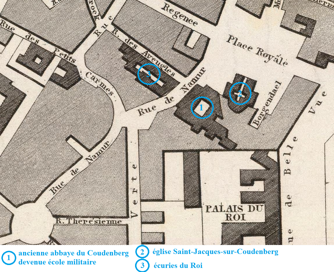 Ancienne abbaye et église du Coudenberg en 1837 dessin